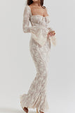 Sexy slight stretch see-through lace square neck maxi dress