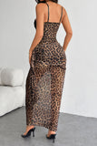 Sexy slight stretch sling slim fit lace leopard print maxi dress
