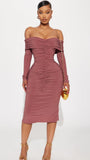 Raine Ruched Off Shoulder Midi Dress - Marsala